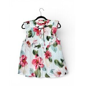 LOFT Floral Sleeveless Blouse Women’s Medium Tie Neck Ruffle Pink 100% Cotton